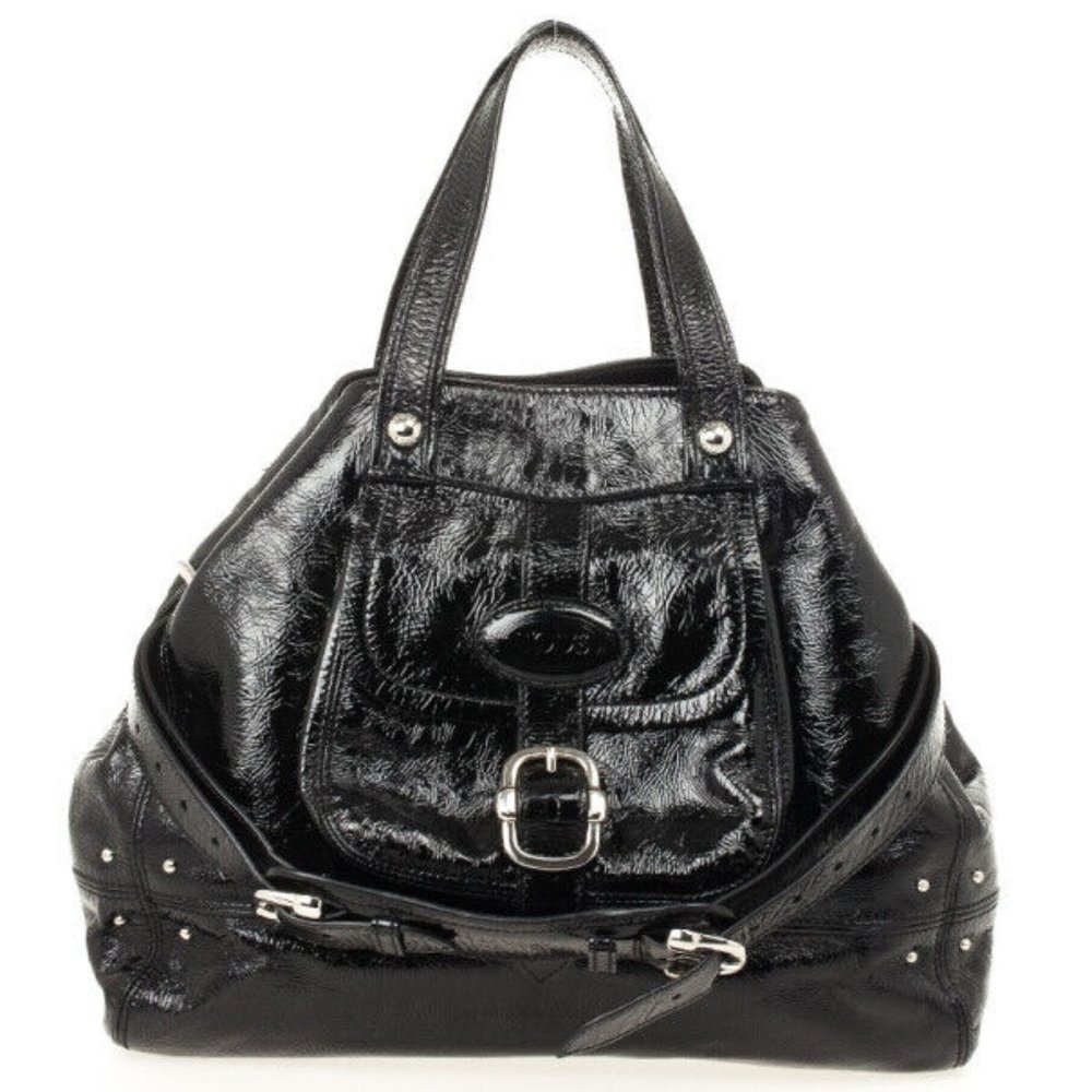 Tod's Black Patent Leather Shoulder Bag with Silver Hardware